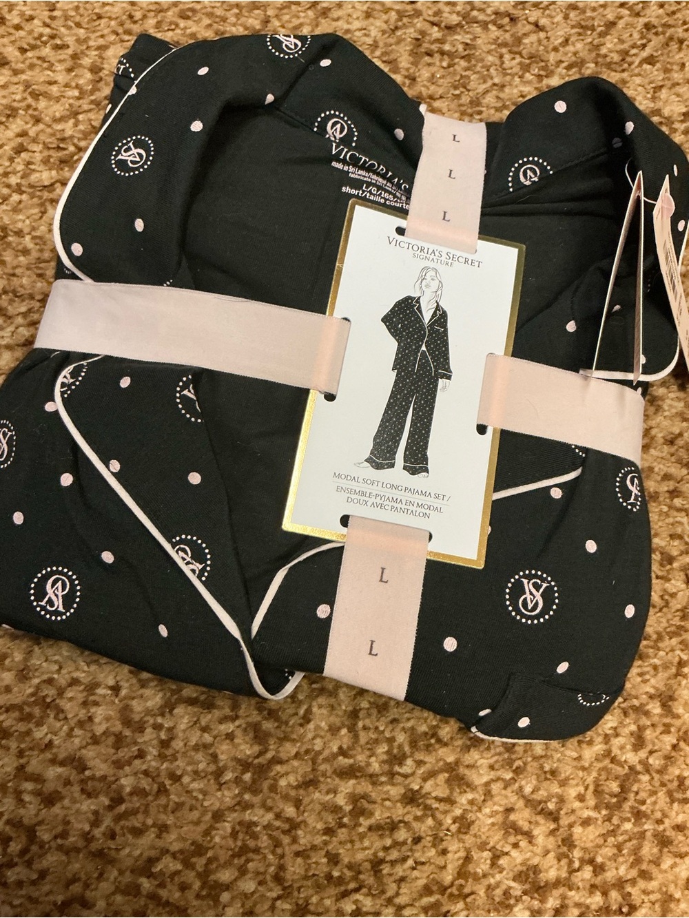Victoria's Secret Black with Pink Polka Dot Wide Leg Pajama Set